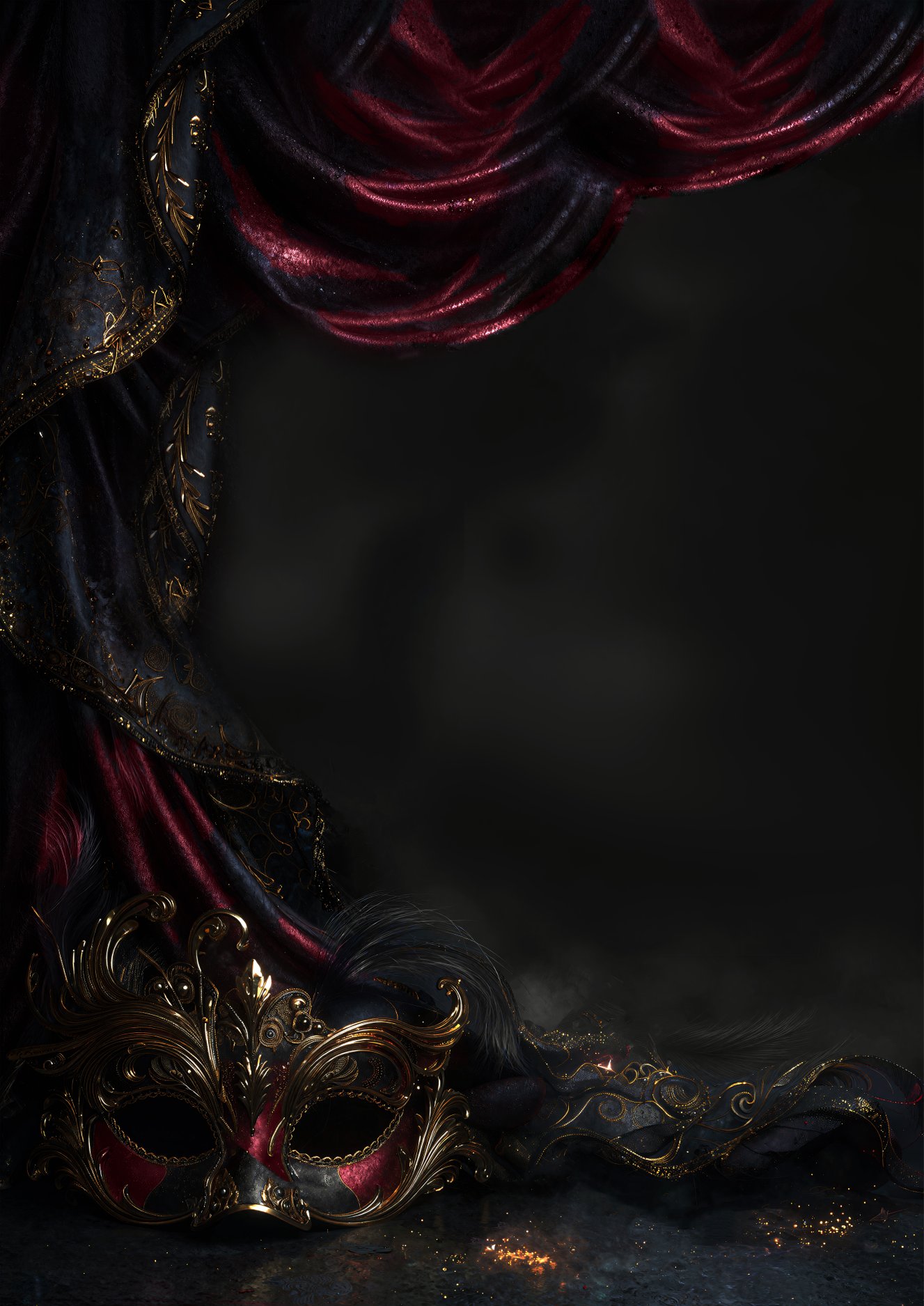 Masquerade hero scene with Masquerade Gold highlights on deep wine backdrop