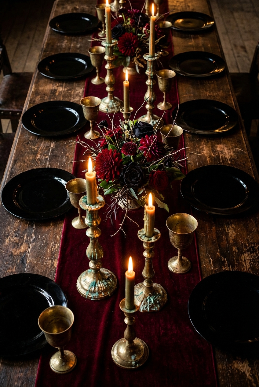 Long medieval banquet table on dark wood floor with crimson runner, patinated brass goblets and tall tapers