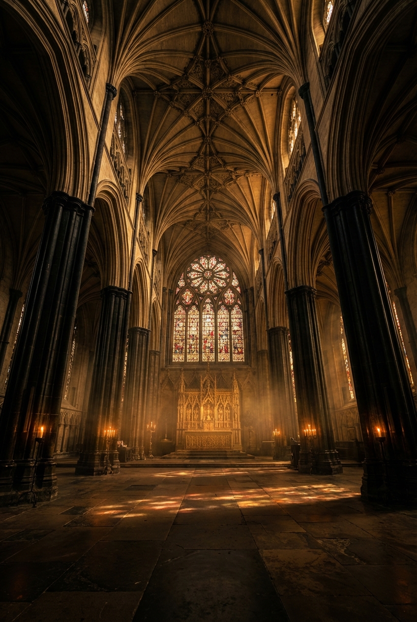 Vast medieval cathedral interior with rose window, vaulted stone ceiling and warm ember light from altar candles