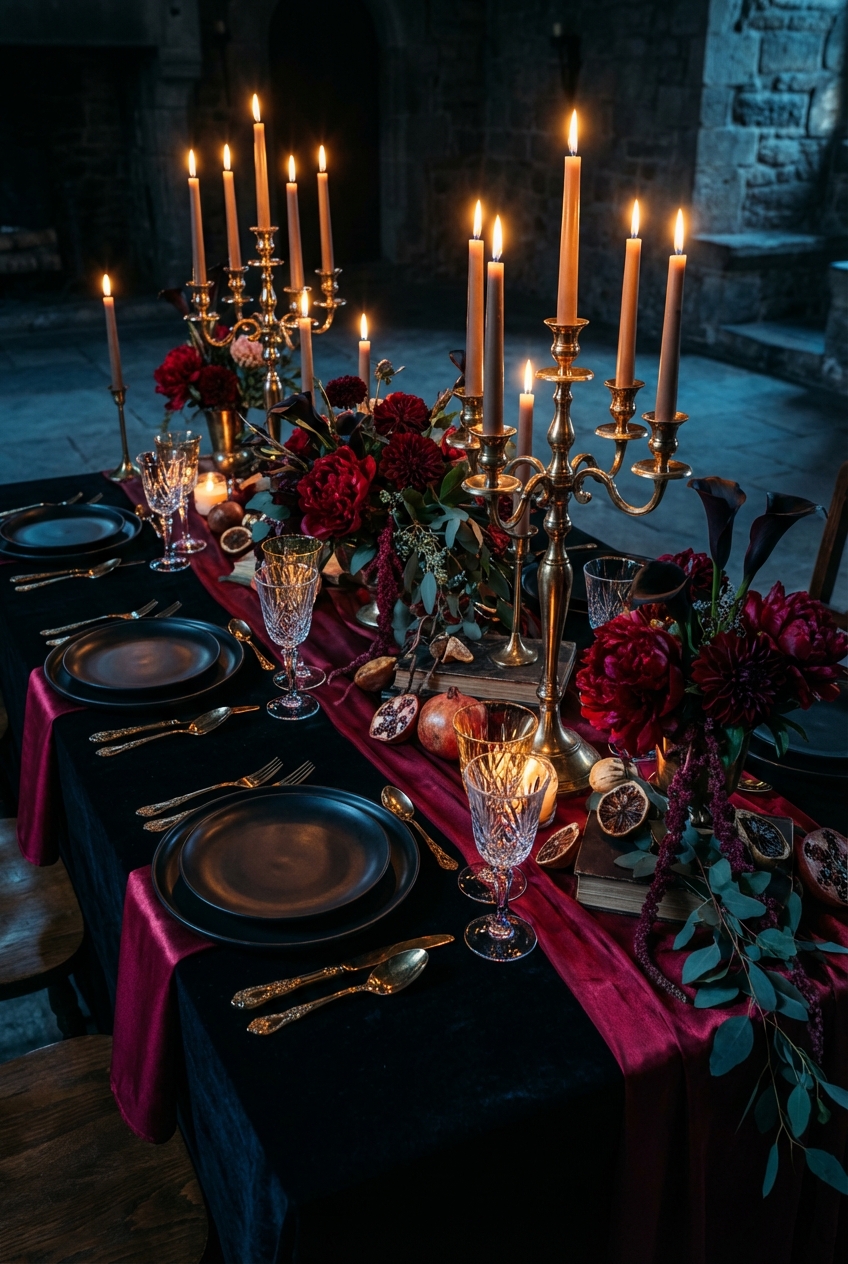 Medieval feast tablescape with crimson velvet runner, tall brass candelabra, dark dahlias and obsidian plates