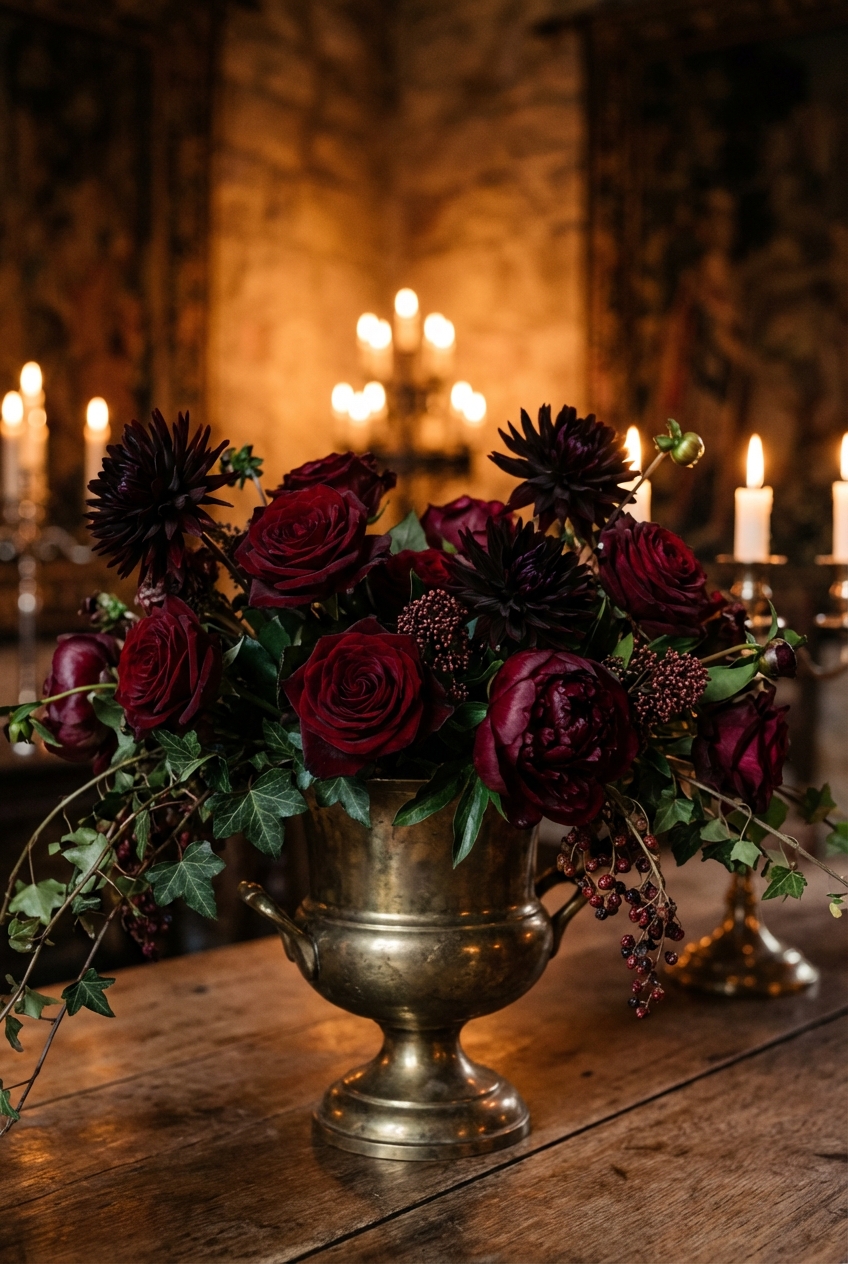 Dark crimson rose and black dahlia arrangement in tarnished brass urn with trailing ivy under warm candlelight
