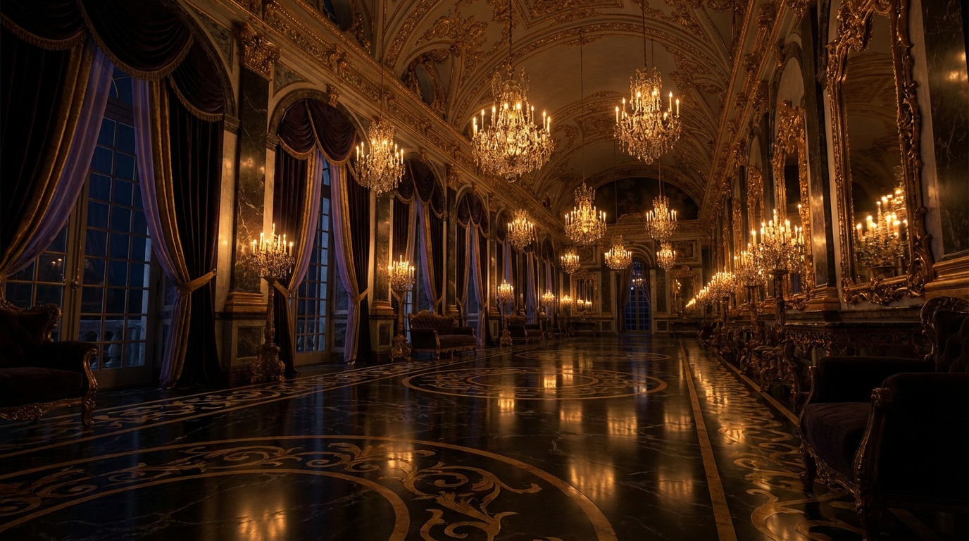 Rococo palace gallery with rows of crystal chandeliers, gilded mirrors and patterned marble floor