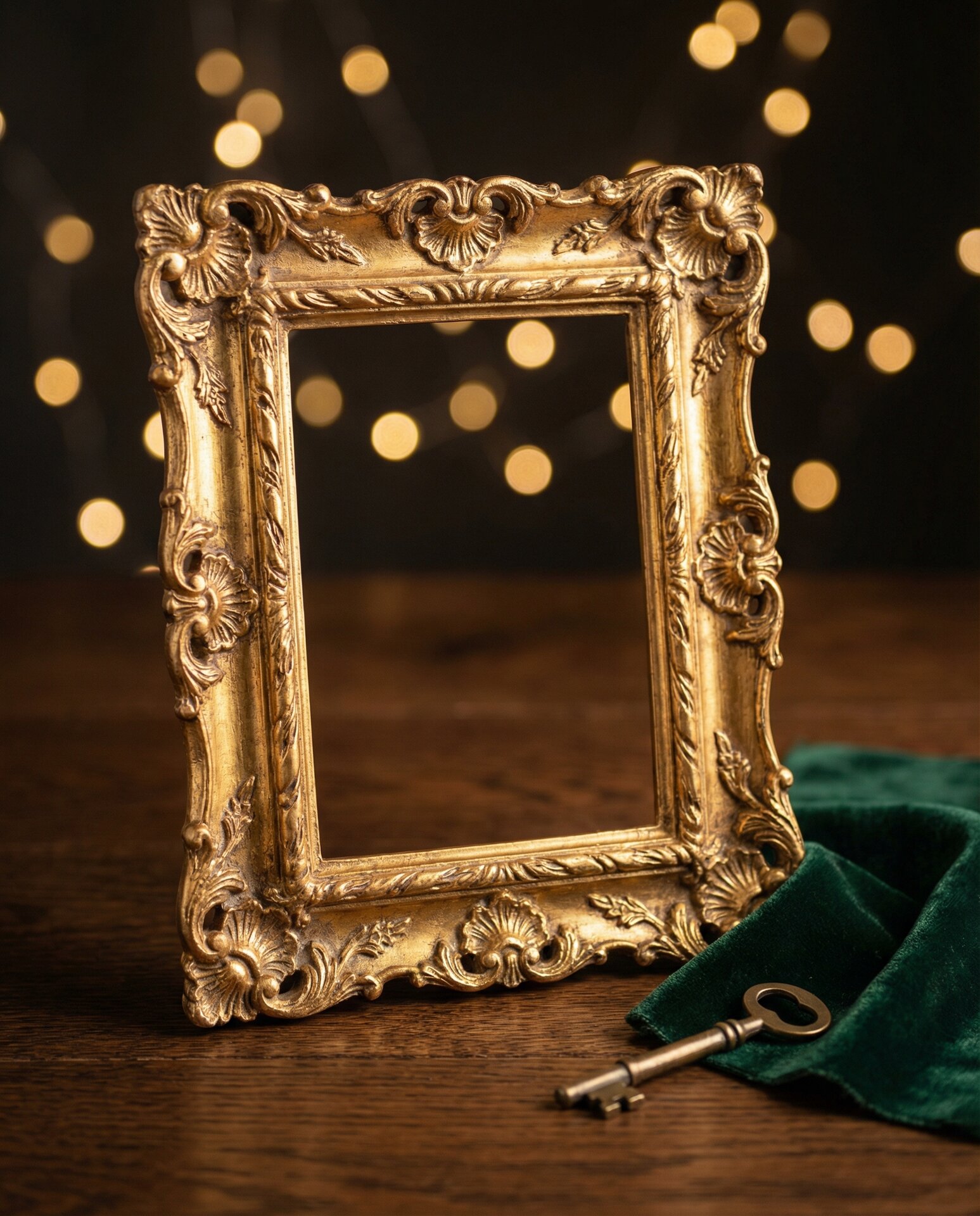 Ornate antique gold baroque frame with carved scrollwork on dark wood against bokeh candlelight