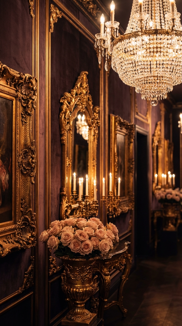 Palace hallway with gilded mirrors, crystal chandelier and pale roses on gold console against aubergine walls