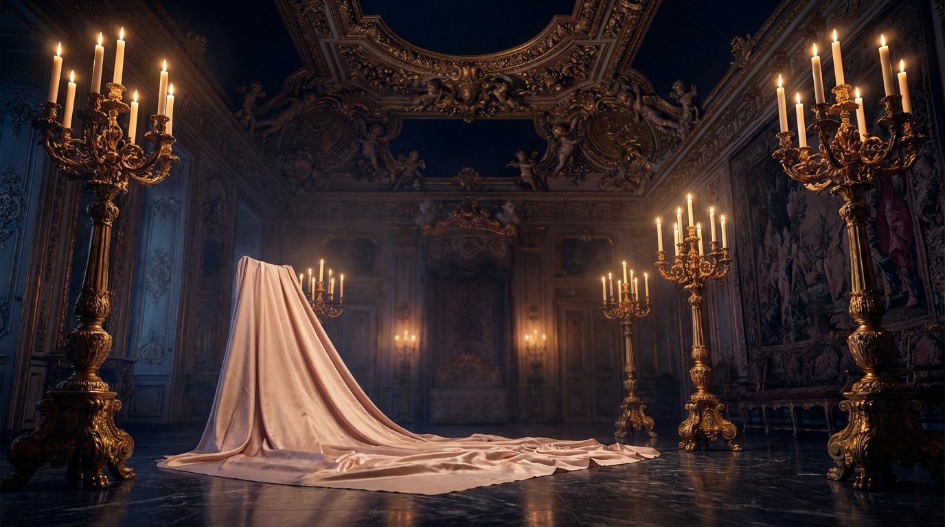 Ornate baroque ballroom with giant gold candelabras, carved ceiling cherubs, and pale silk drape on marble floor