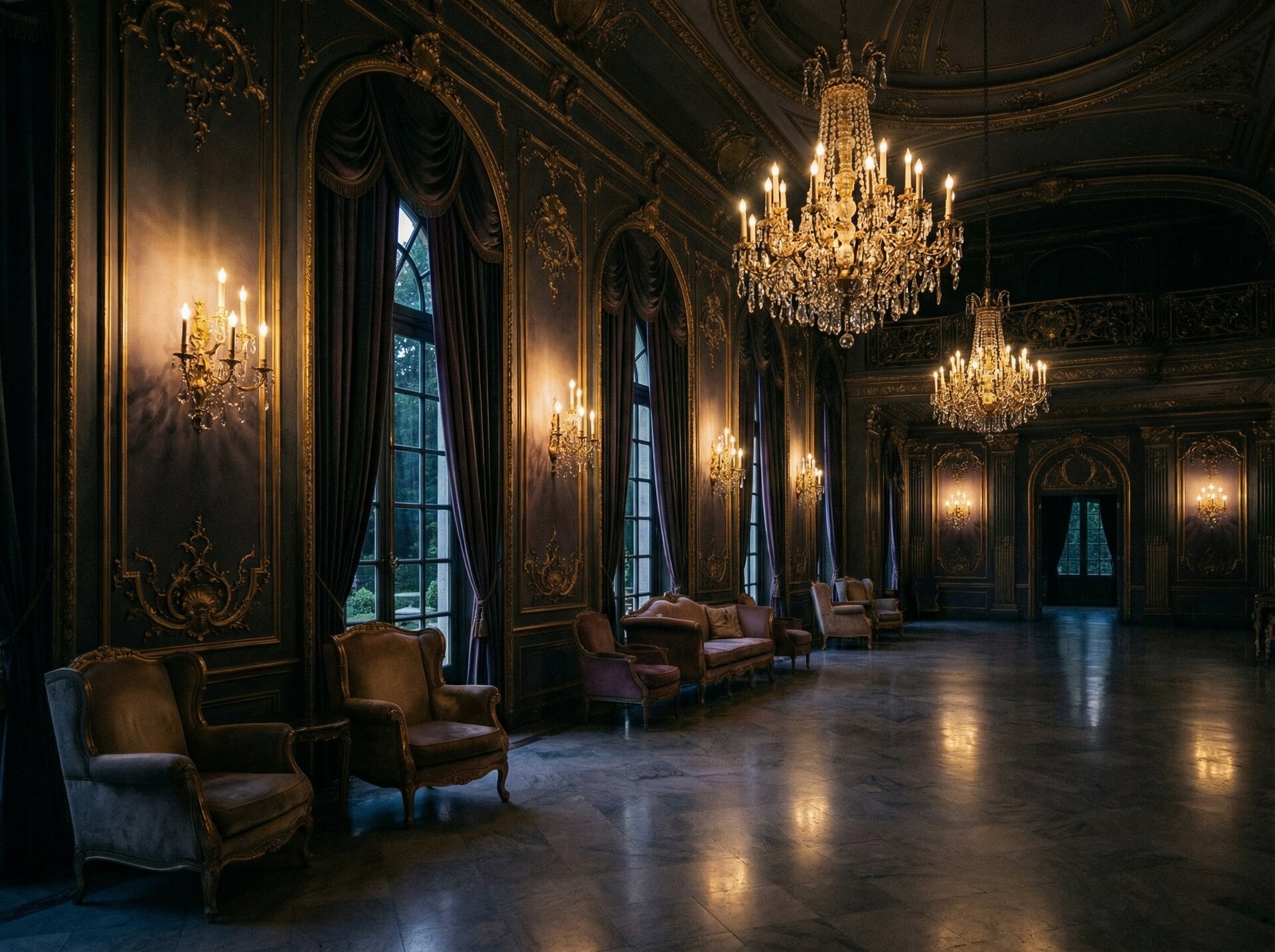 Ornate palace salon with gilded wall panels, crystal chandeliers, aubergine drapery and velvet bergere chairs