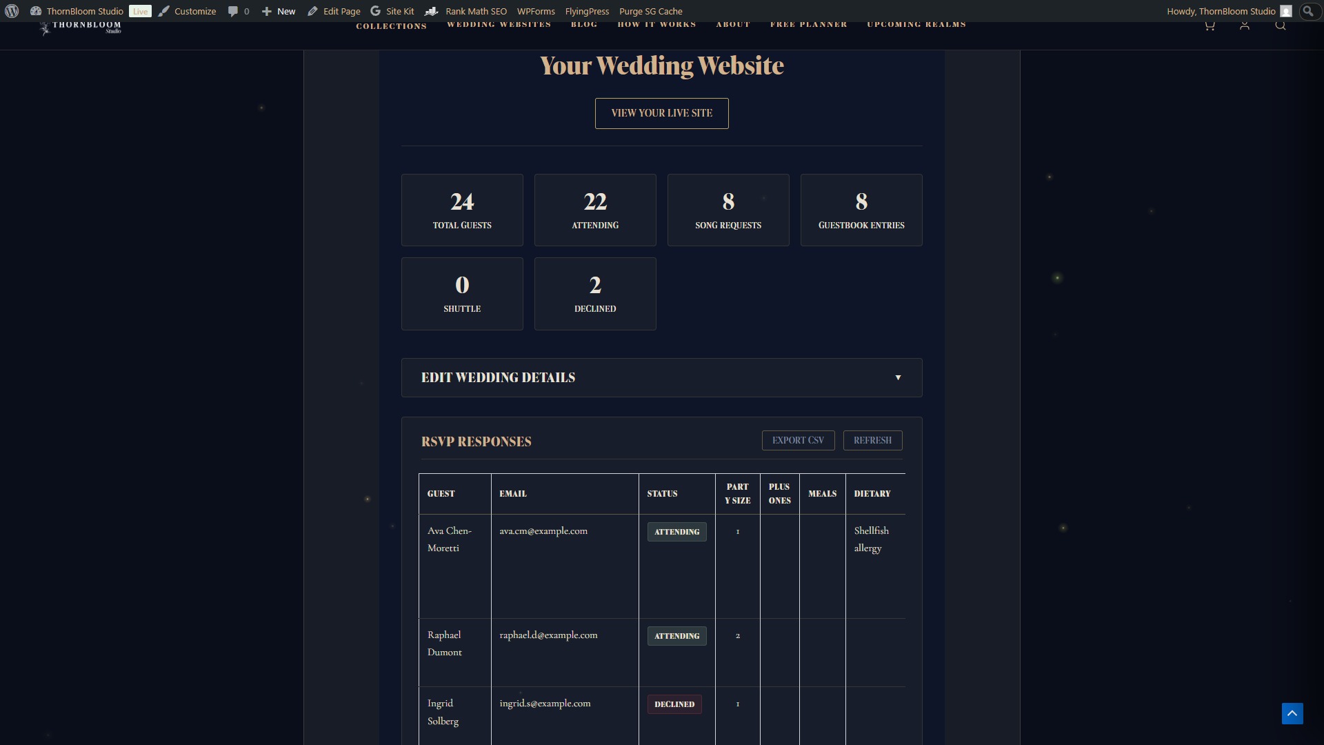 RSVP overview screen showing the guest list with attending, declined and pending counts