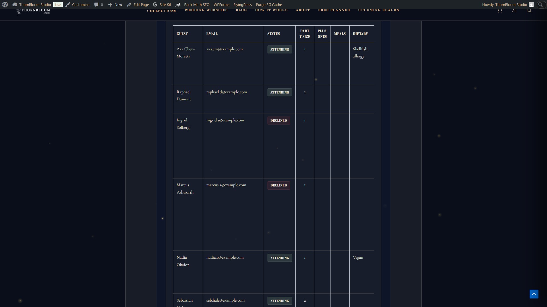 Single guest detail showing meal choice, plus-one and song request