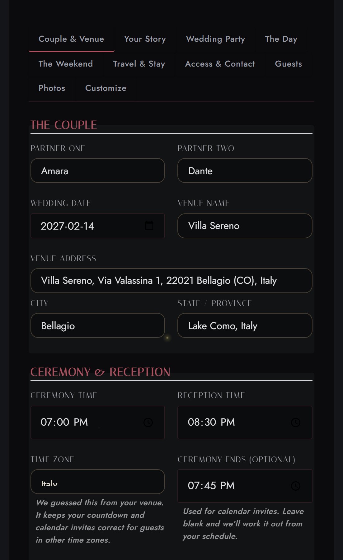 Guided details editor form for story, schedule and registry