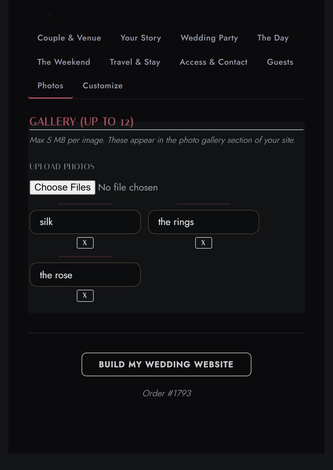 Photos step of the details form, showing three uploaded gallery images with captions